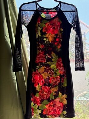 iris Black Mesh Long Sleeve Bodycon Dress Dark Floral Print. Whimsigoth Medium